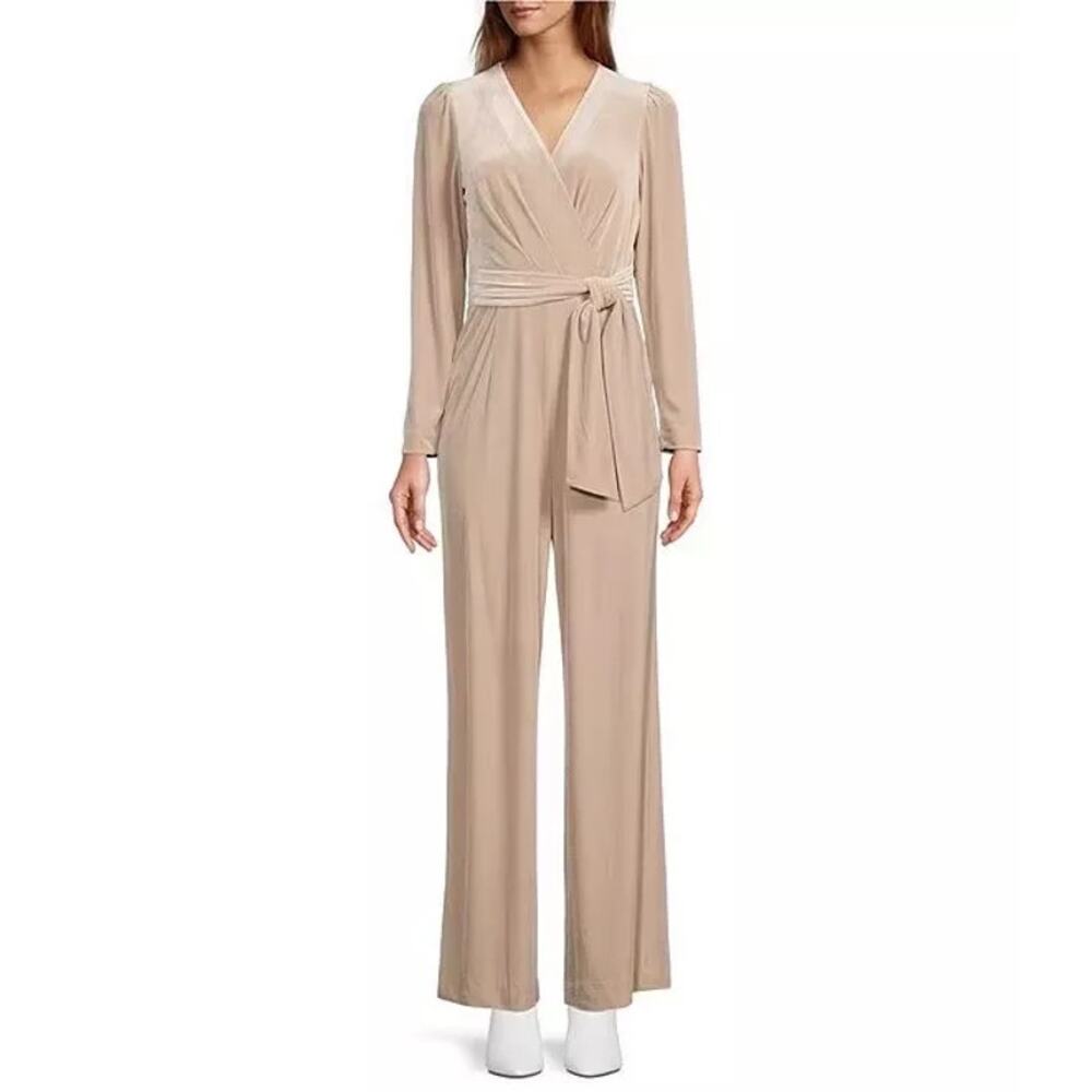 Antonio Melani Jumpsuit Beige Cream Velvet V Neck Long Sleeve Tie Waist NWT 8